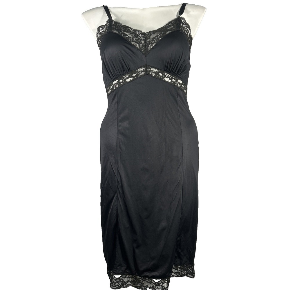 Adonna BLACK Full Slip 38 Tall Lace Peakaboo Adj Strap NYLON USA VTG 1960s EXLT